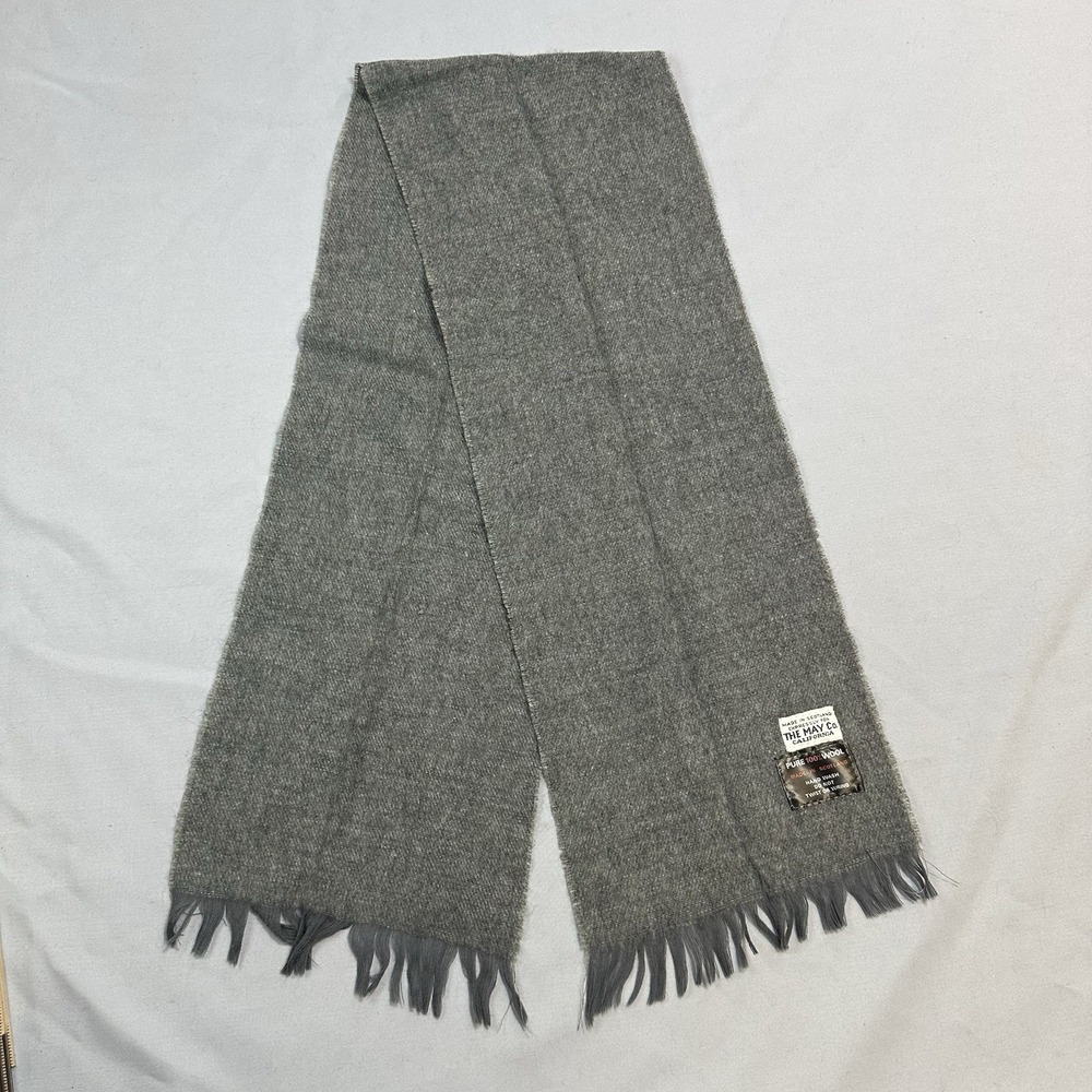 The May Co Scarf Womens Gray 7.5x46" Scotland Pure Wool Fringe Vintage